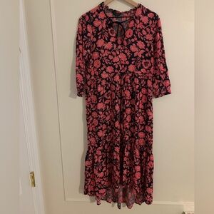 Lucky Brand Pink & Navy Floral Dress 3/4 Sleeve, Tie Waist